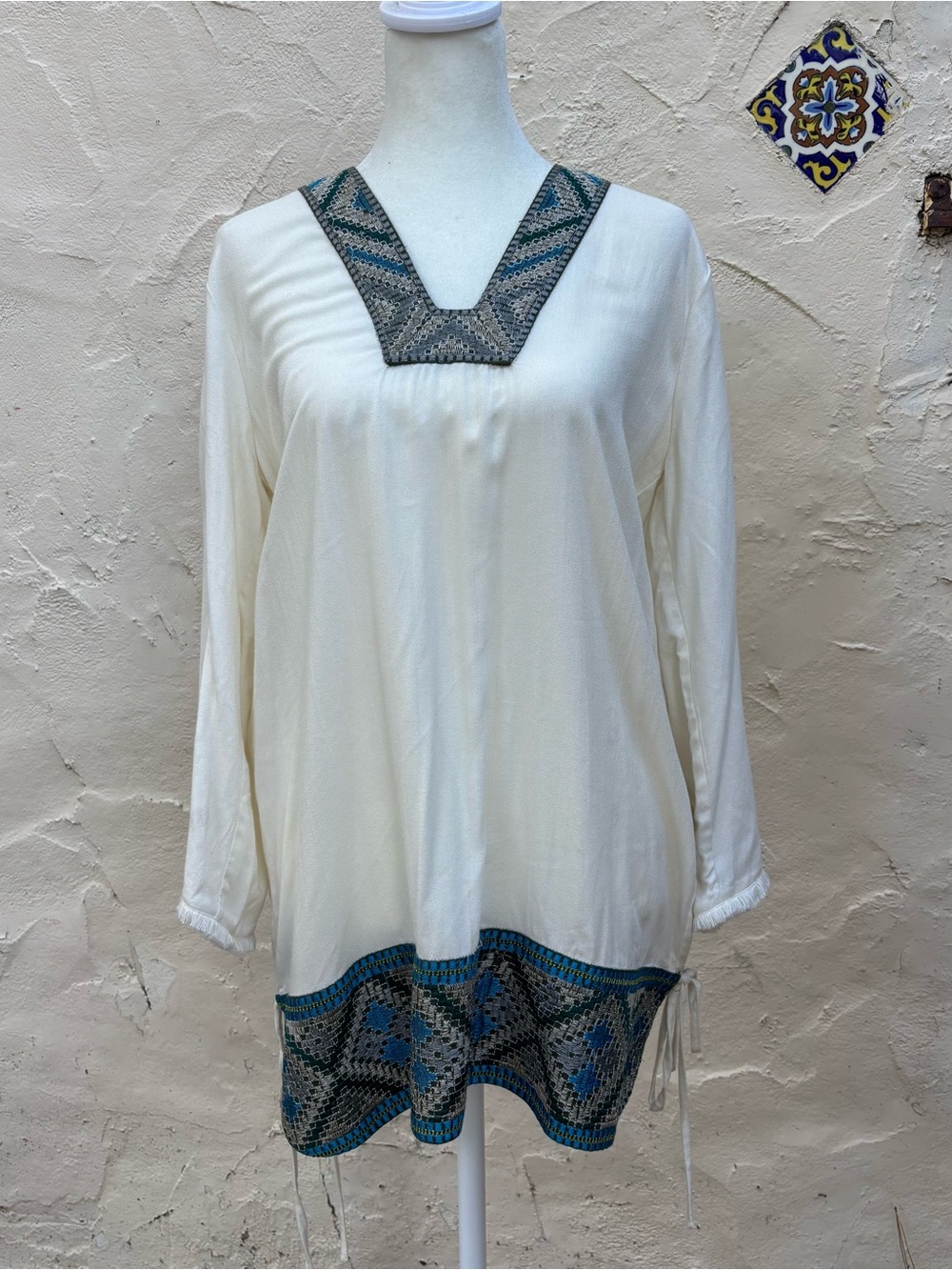 Ella Moss Cream Tunic with Blue and Gray Embroidered Trim